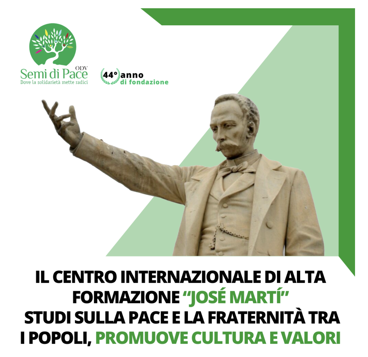 Foto di José Martí e scritta: Centro internazionale di Alta formazione "José Martí" Studi sulla pace e la fraternità 